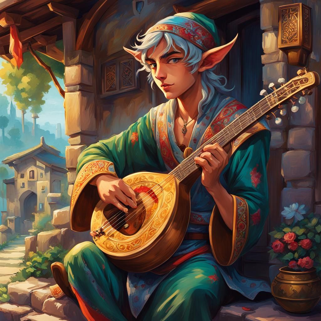 Elf Bard in Oriental Village: Comic Style Art