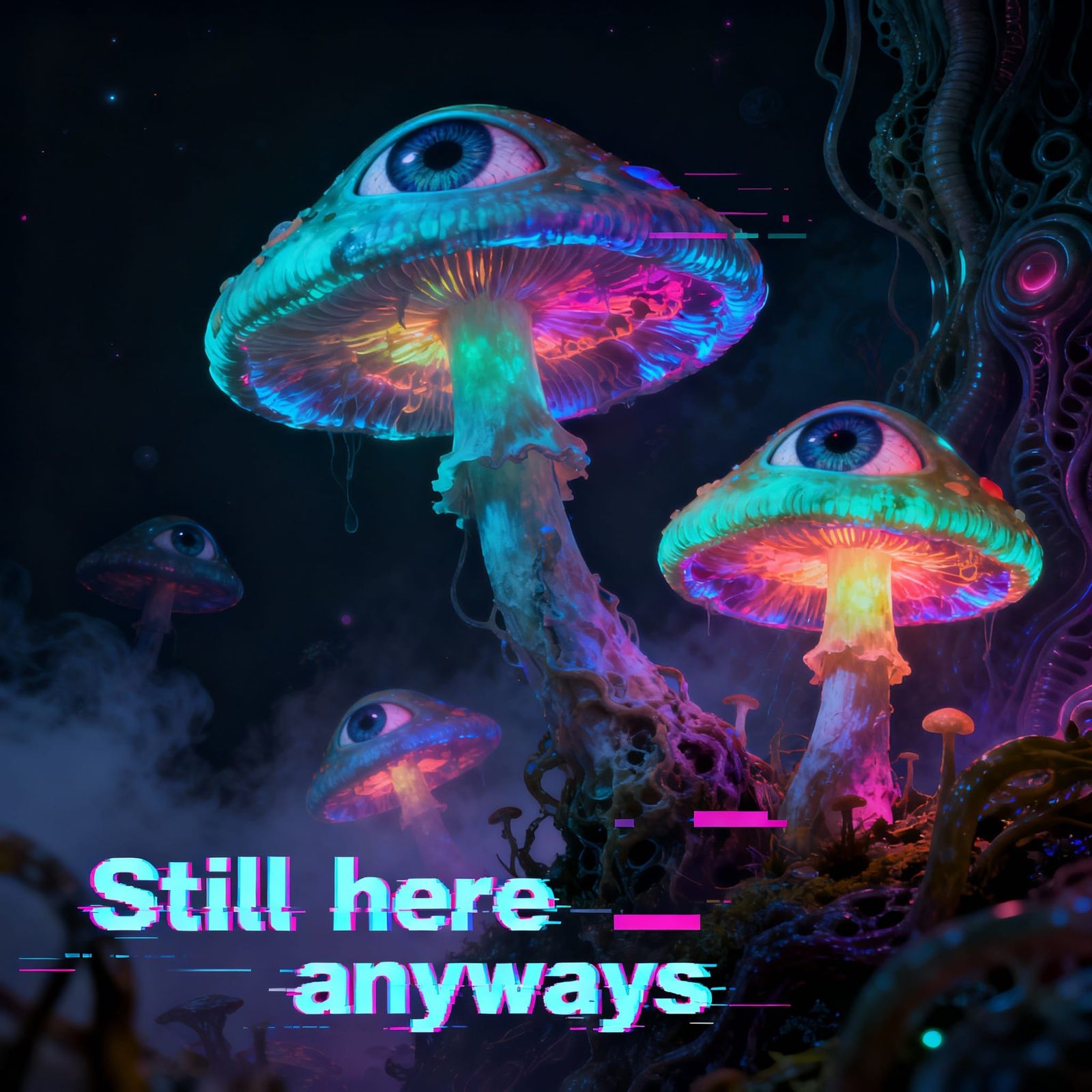 Bioluminescent Dreamcore Mushrooms With Melancholic Eyes
