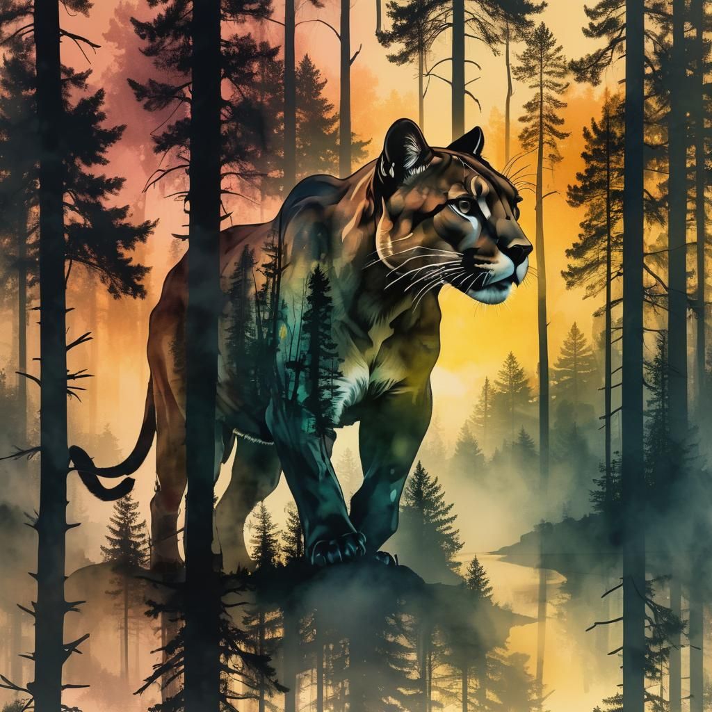 Panther and Forest Double Exposure in Splash Art