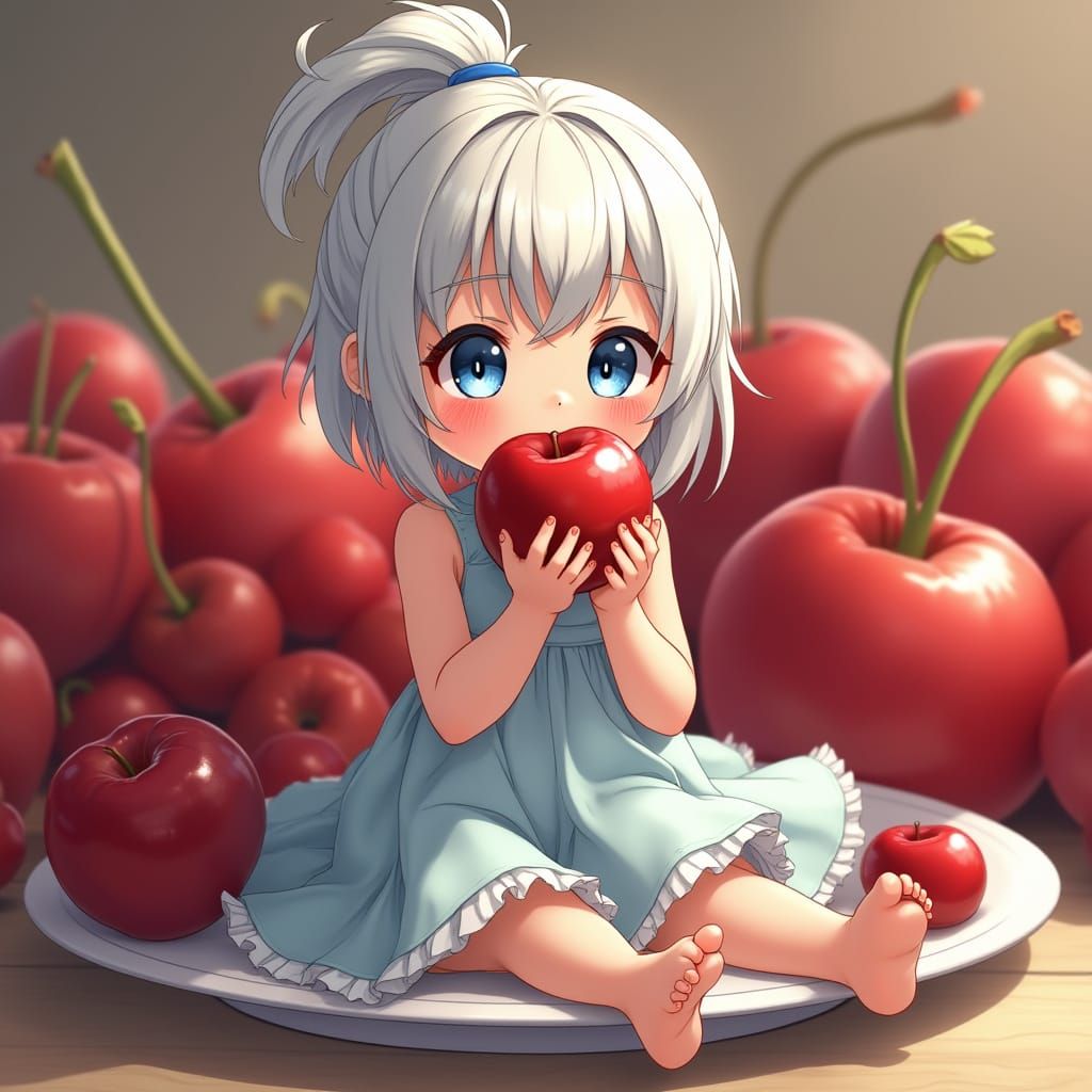 Petite Anime Girl Sits on Colossal Plate, Surrounded by Frui...