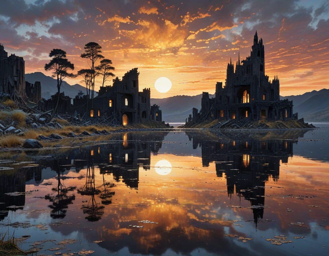 Abandoned Metropolis Reflected in Sunset Serenity