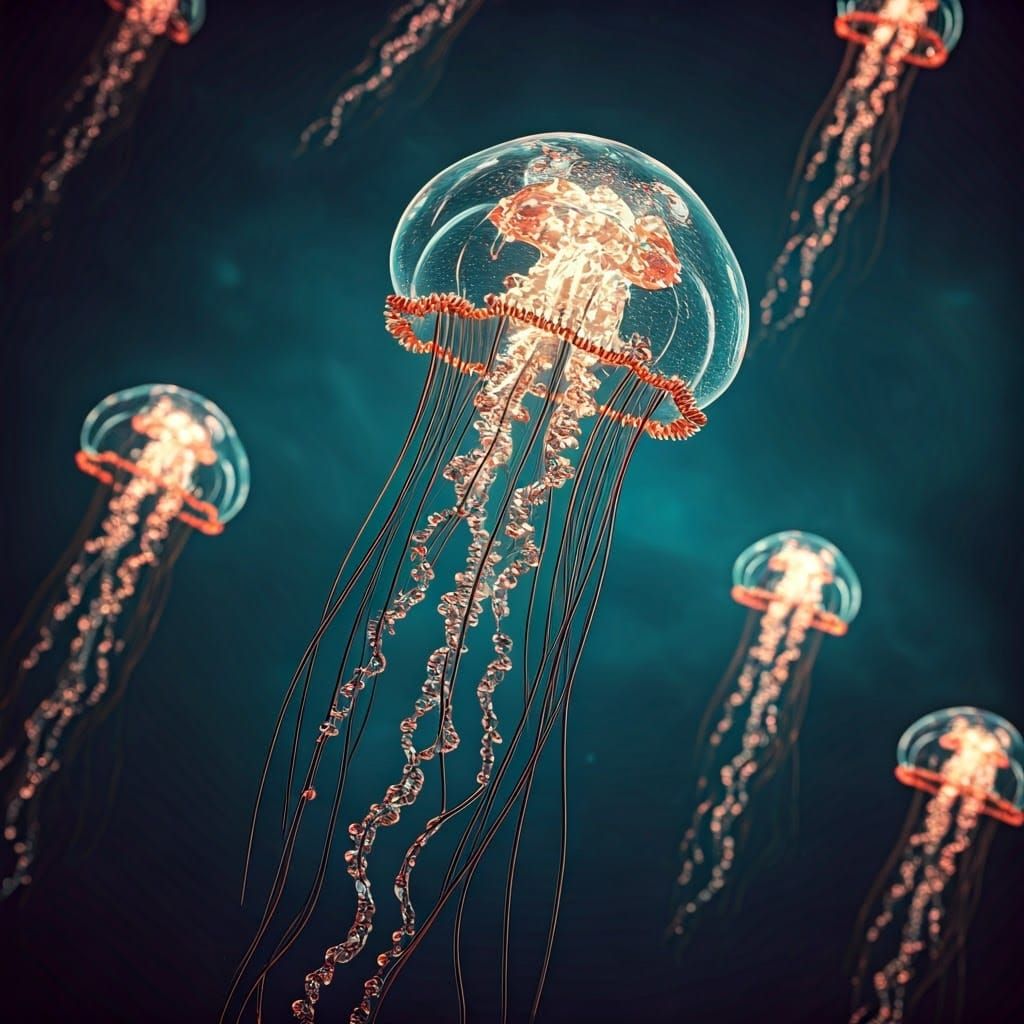 Ethereal Crystal Jellyfish Swarm in Deep Blues and Purples