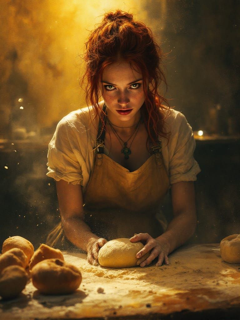 Redhead Baker Kneading Dough in Bustling Kitchen