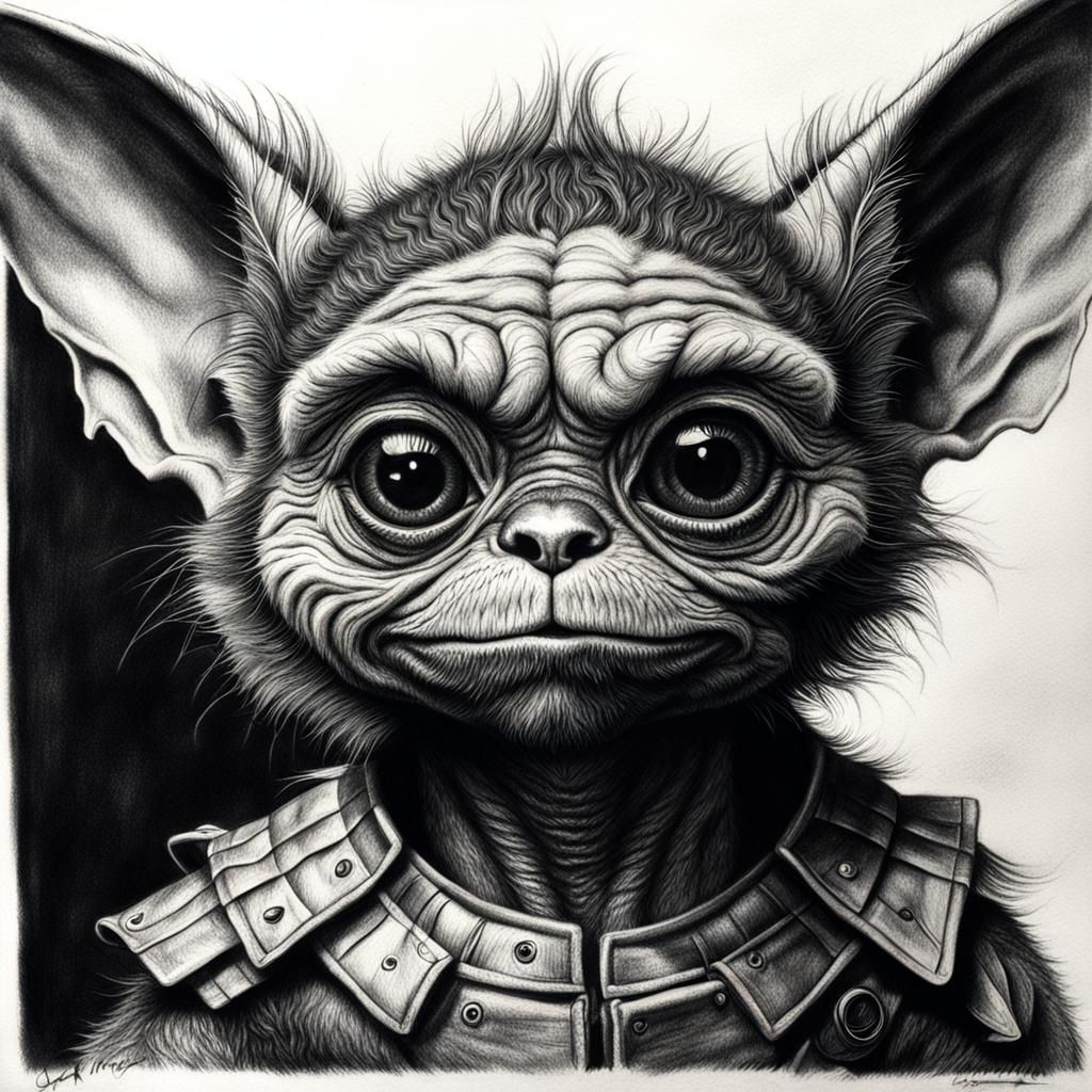 Hyperdetailed Charcoal Drawing of a Gremlin