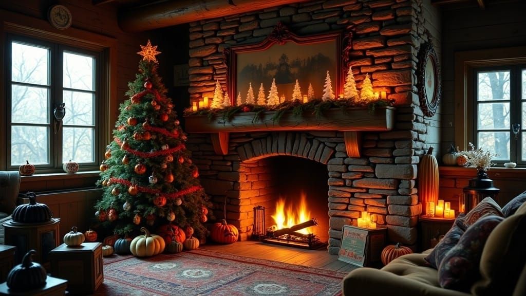 Cozy Cabin with Creepy Christmas and Halloween Decor