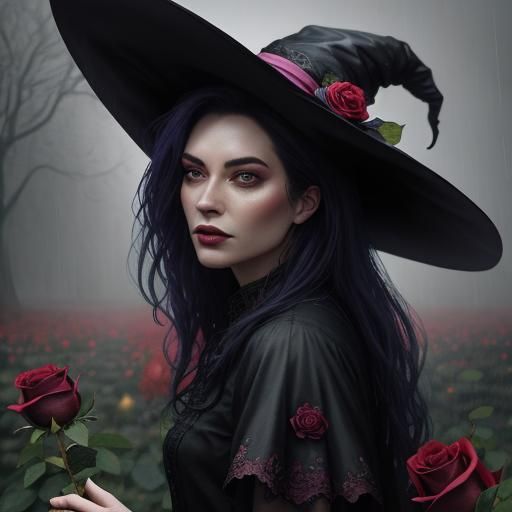 Enchanting Witch in a Rose Garden, Hyperrealistic Art