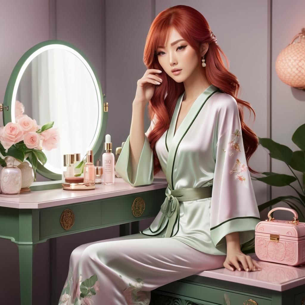 Anime Girl with Red Hair at Vanity, Digital Art