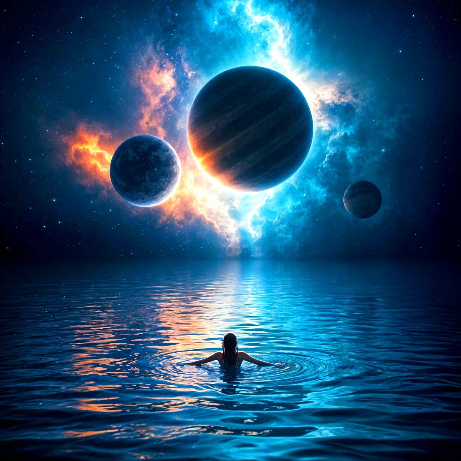 Ethereal Nighttime Diver in Cosmic Reflections