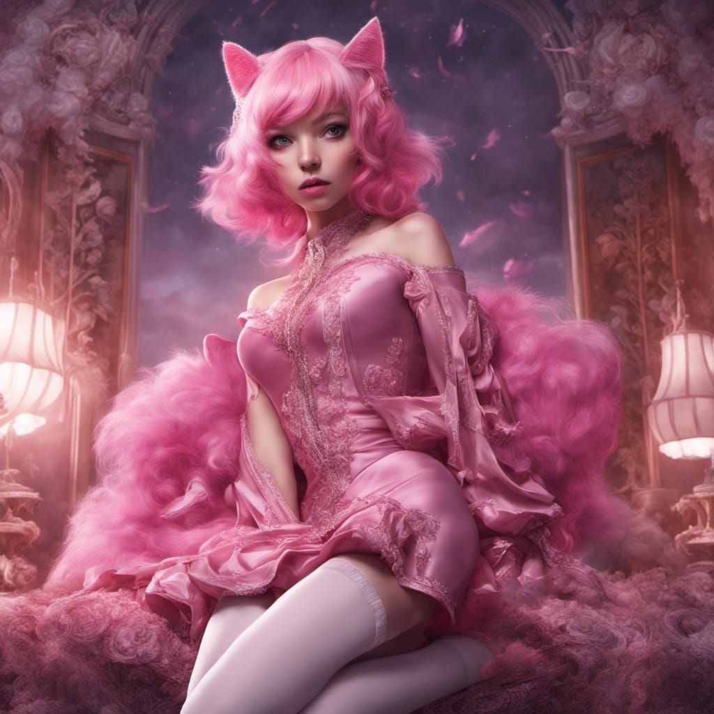 Pink-Haired Cat Girl in Satin Dress: Digital Painting