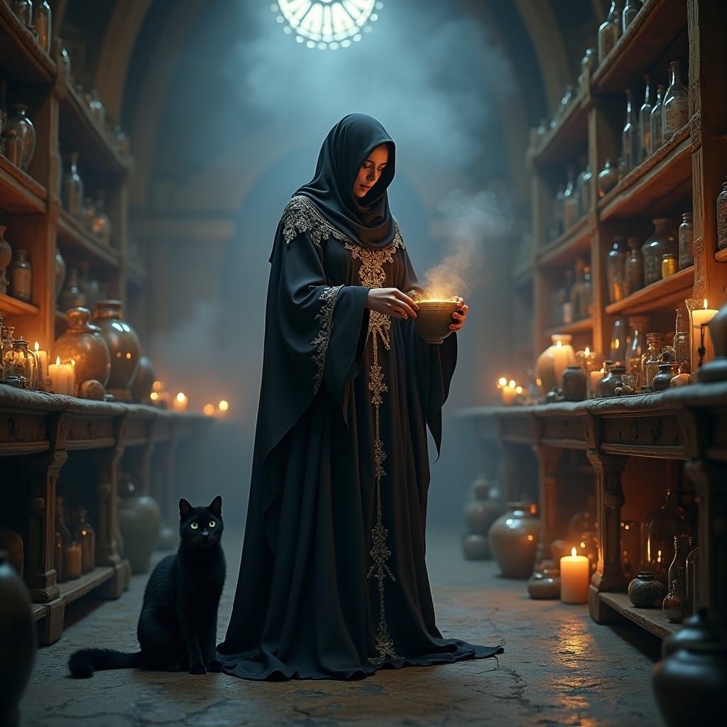 Mystical Witch Brewing Potions with Black Cat