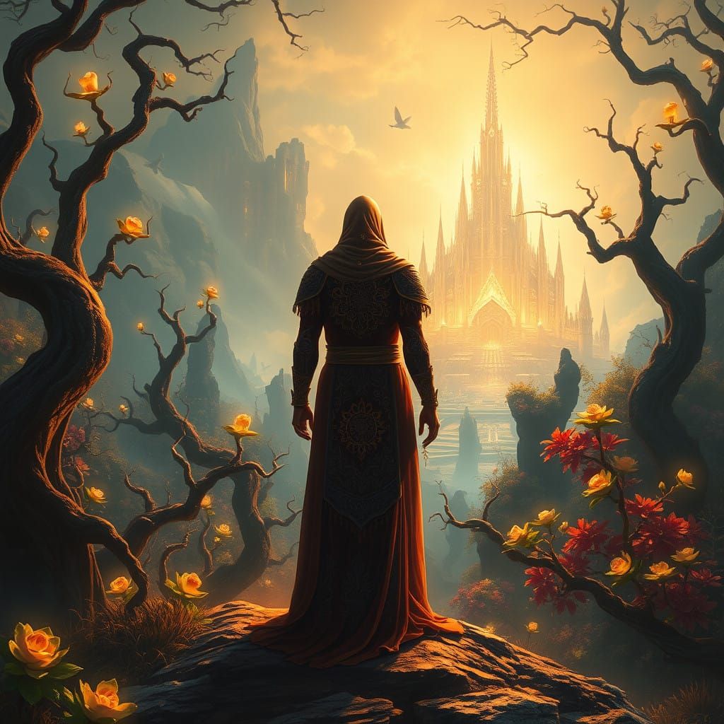 Mystical Figure in Dreamlike Landscape with Twisted Trees an...