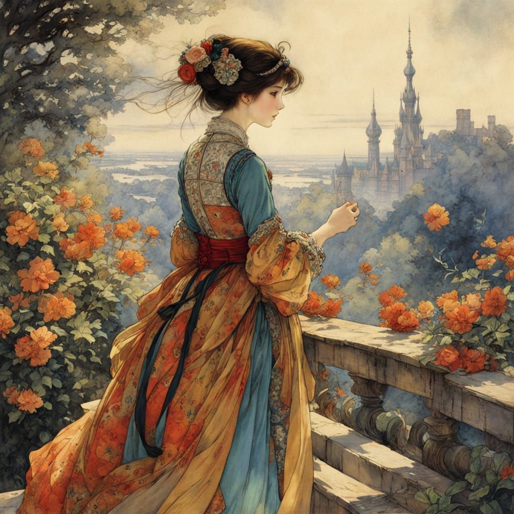 Delicate Anime Girl Admiring Colorful Flowers