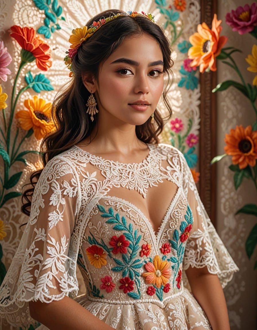 Whimsical Digital Art of a Gorgeous Mexican Woman in Lace Go...