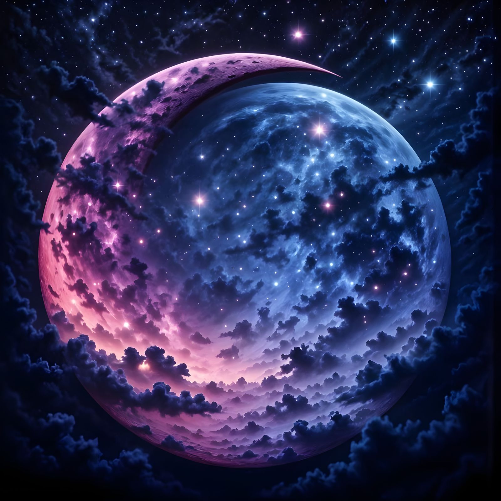 Double Exposure Moon Art: Pink Crescent Over Blue Full Moon