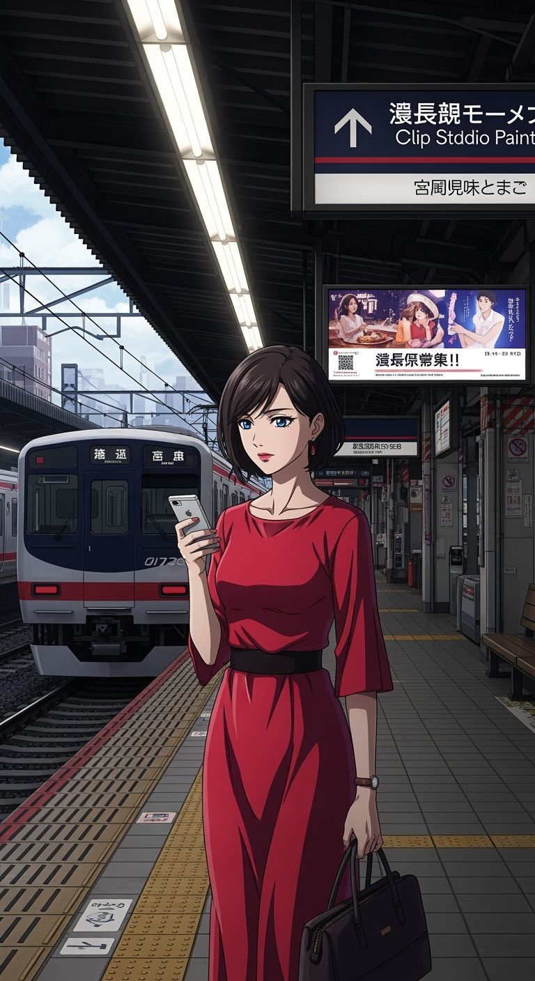 Anime Woman at Japanese Train Station