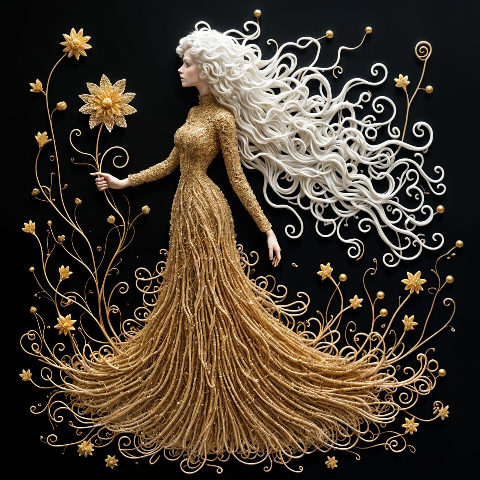 Albino Woman in Gold Wire Art Gown