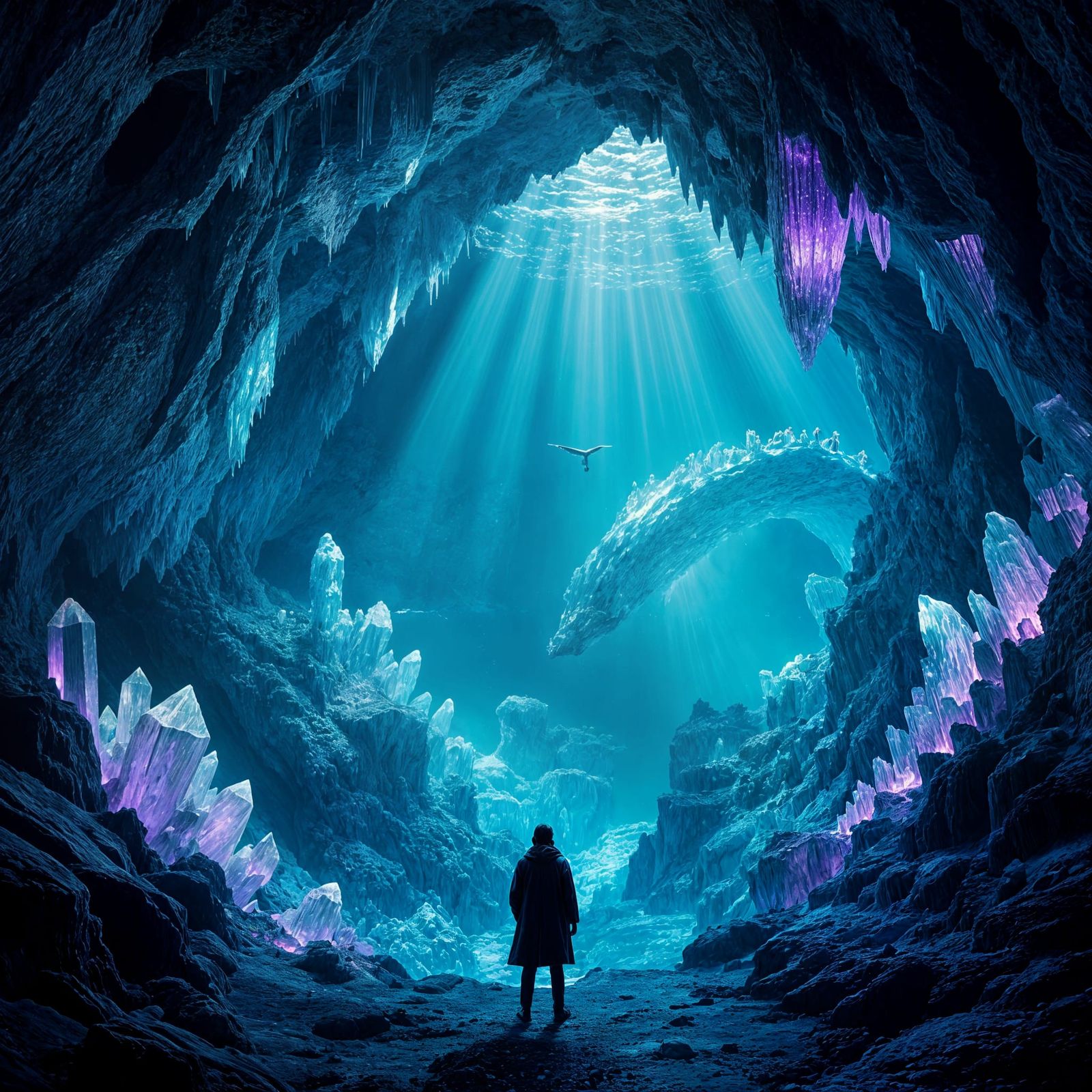 Crystal Cave Overlooking Bioluminescent Ocean