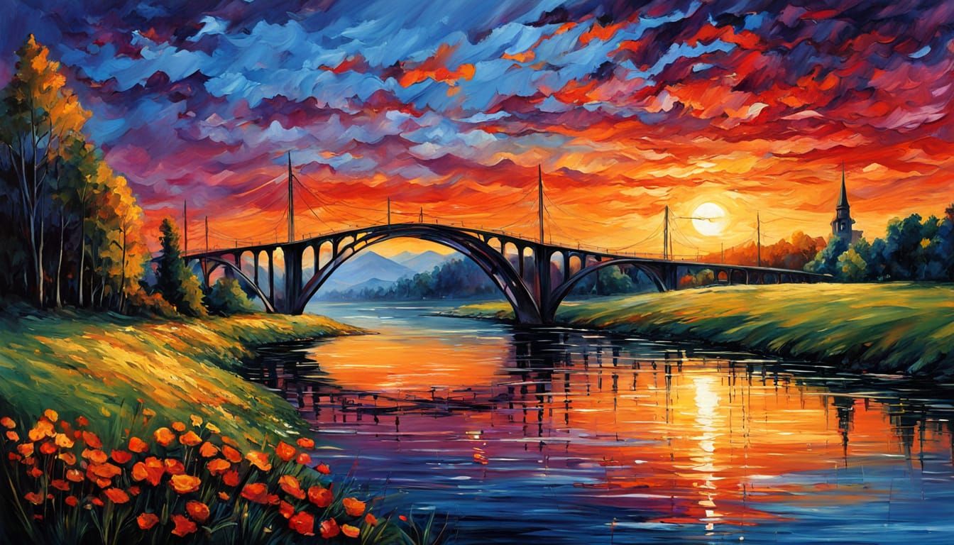 Glowing Bridge at Twilight, Surreal Digital Matte Painting