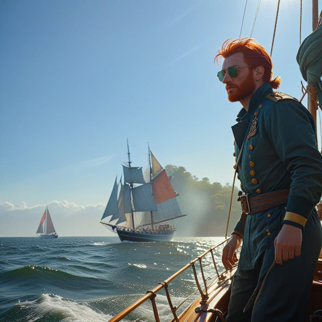 Captain Berki Sailing: Vibrant Oil Painting in Golden Light