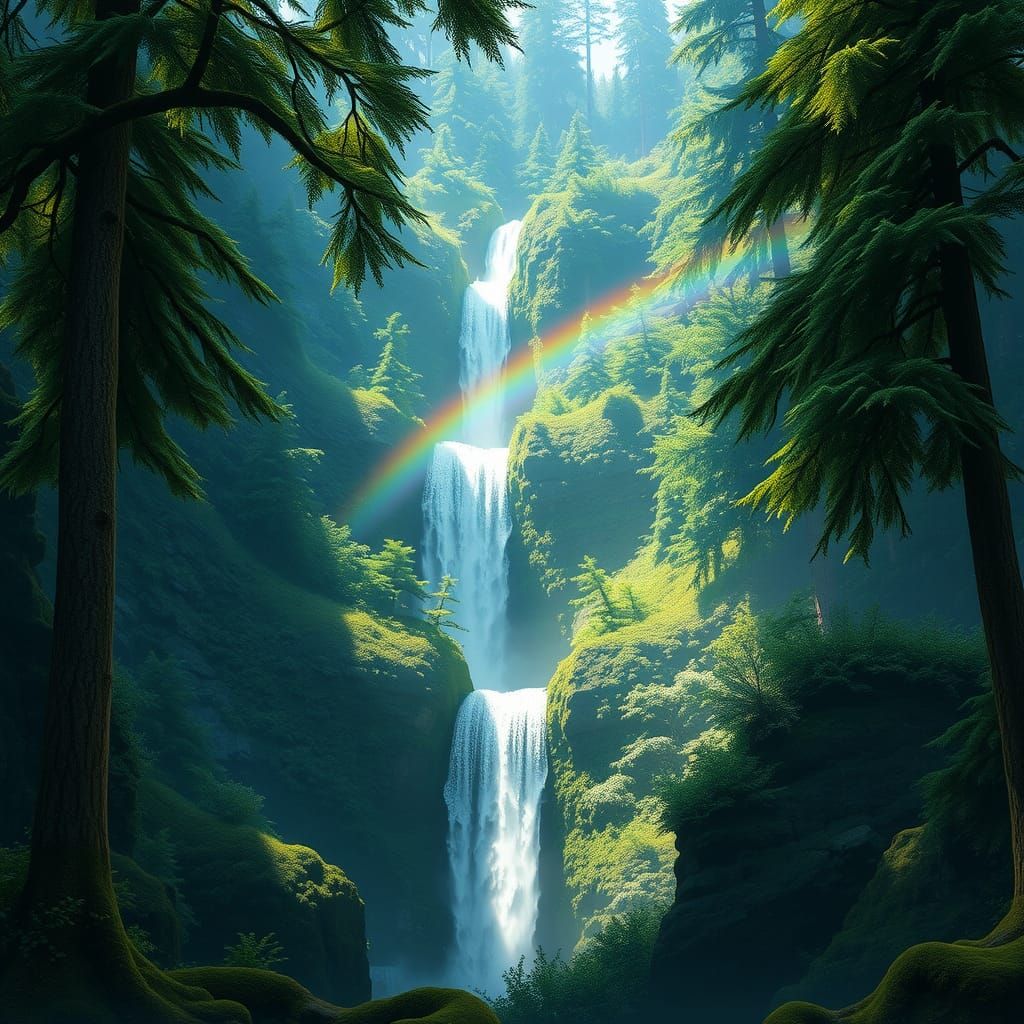 Lush Forest Waterfall with Rainbow, Fantasy Concept Art