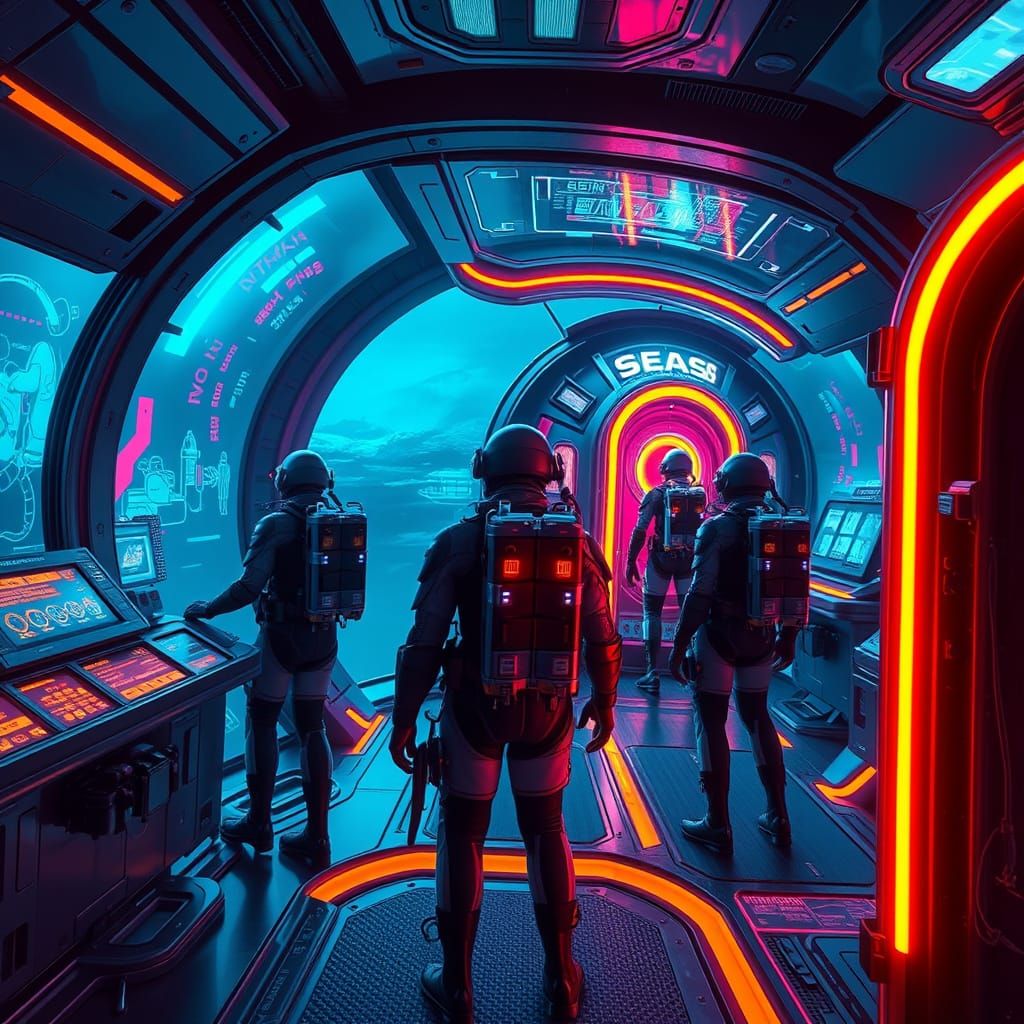 Neon Submarine: Futuristic Underwater Cityscape