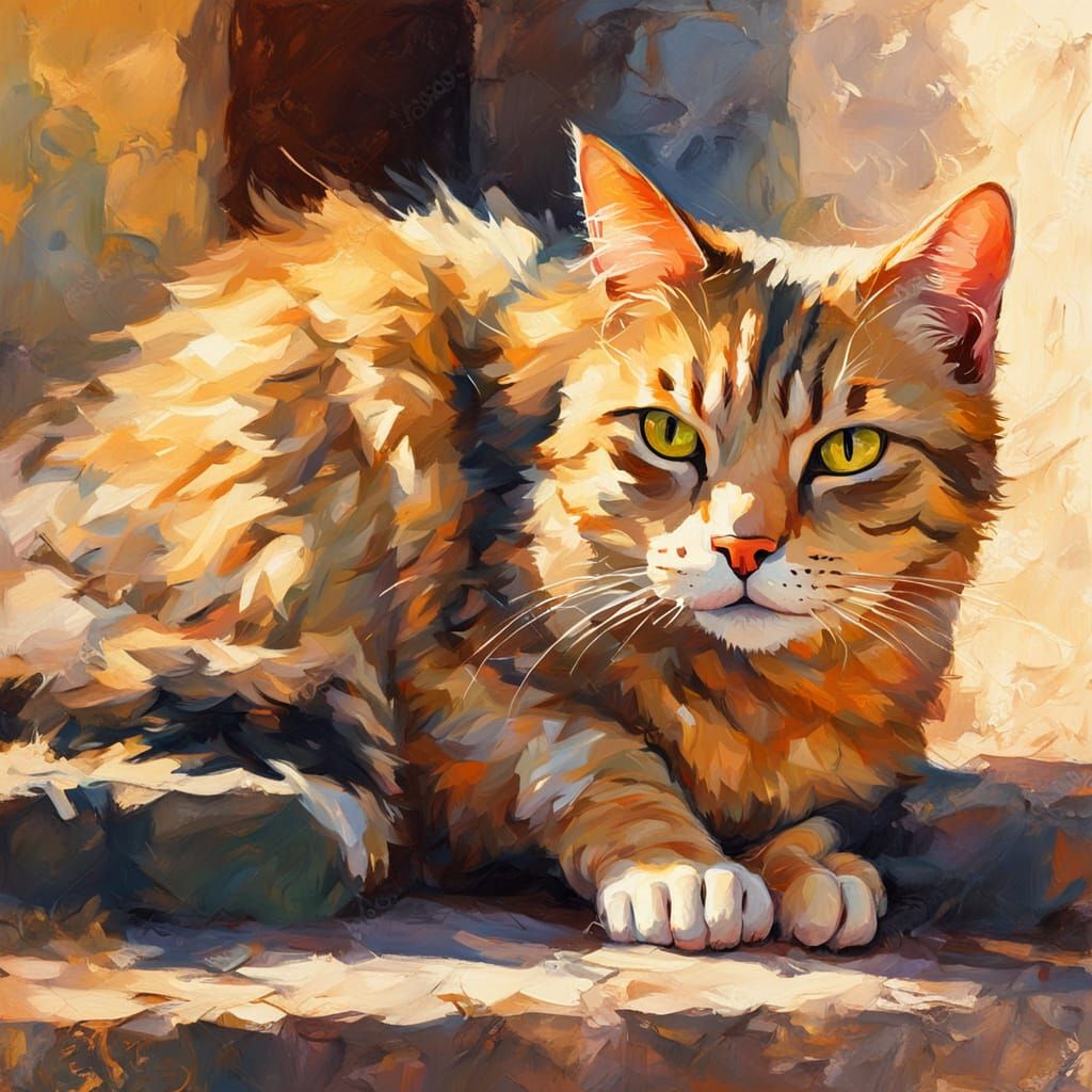 Old Street Cat Arches Back in Golden Light