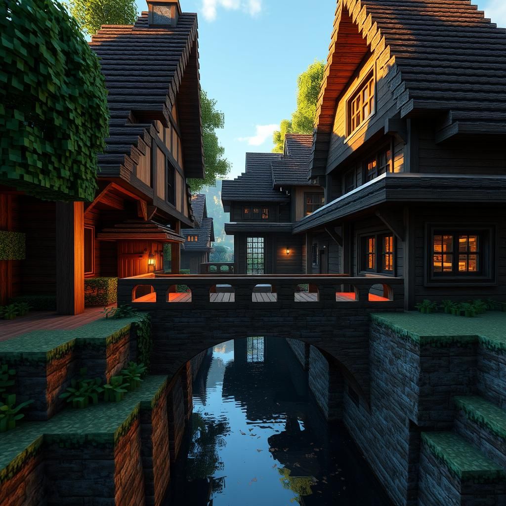 Minecraft Bridge Between Houses in 3D Game Style