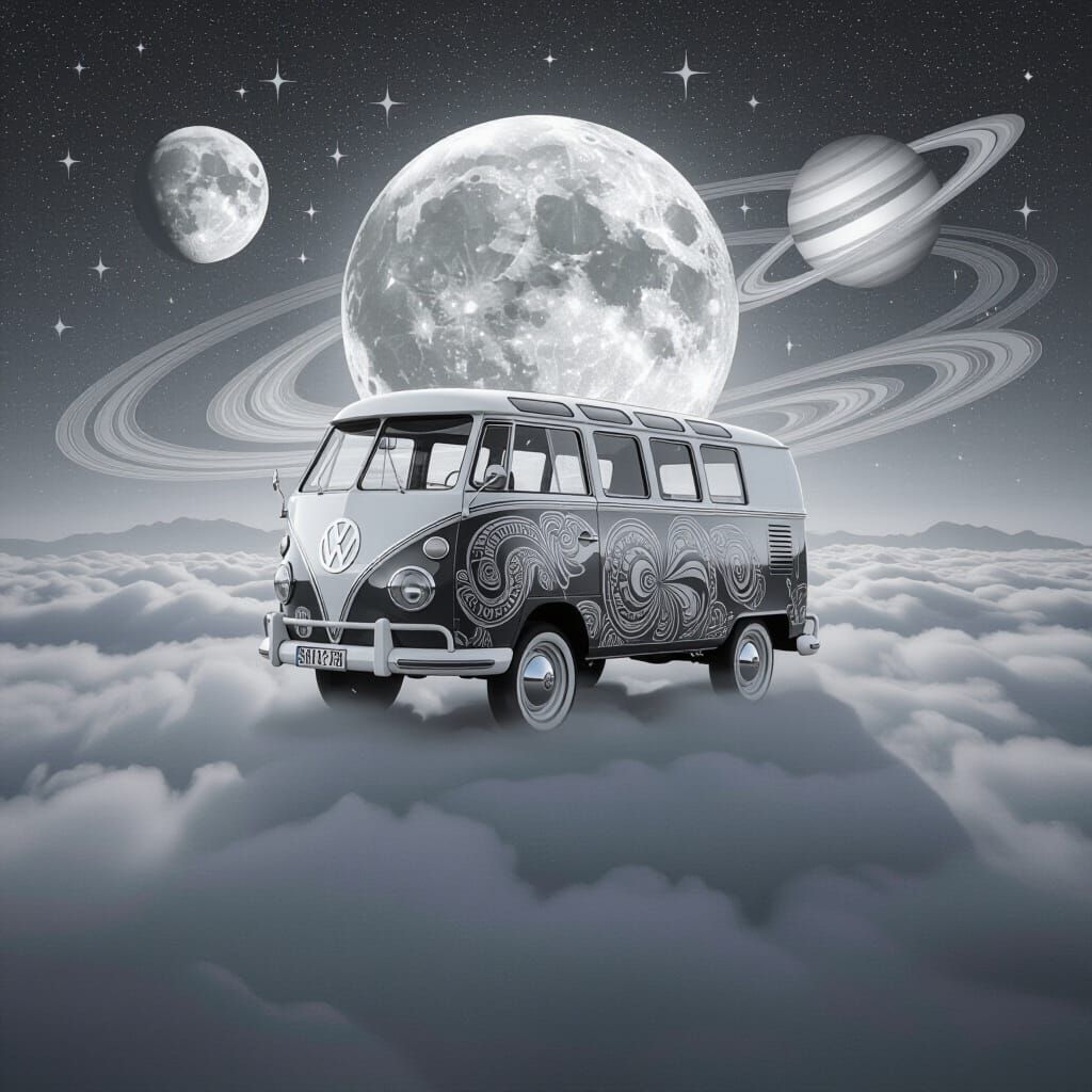 Psychedelic 1960s VW Bus Floating Among Stars