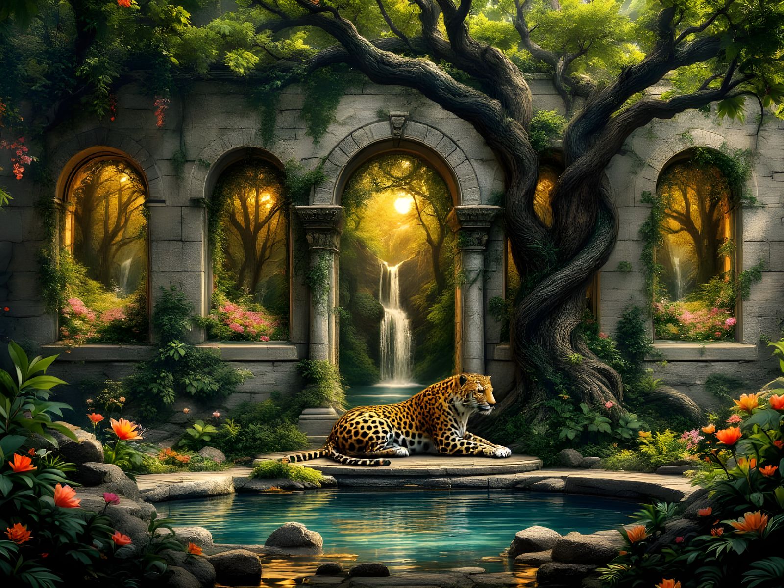 Jaguar Resting in Ancient Ruins with Lush Details