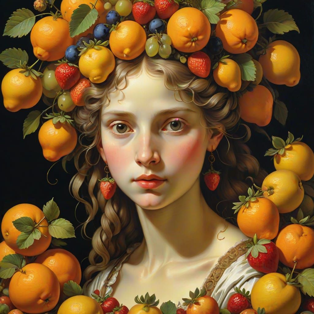 Oil Painting Renaissance Woman Surrounded by Fruit