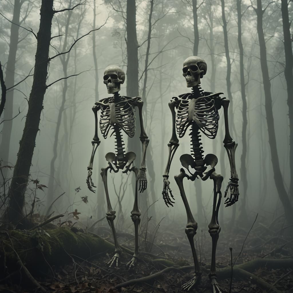 Skeletons in Mystical Forest with Eerie Moonlight