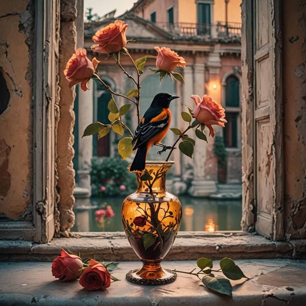 Oriole on Rose Bud in Venetian Palace