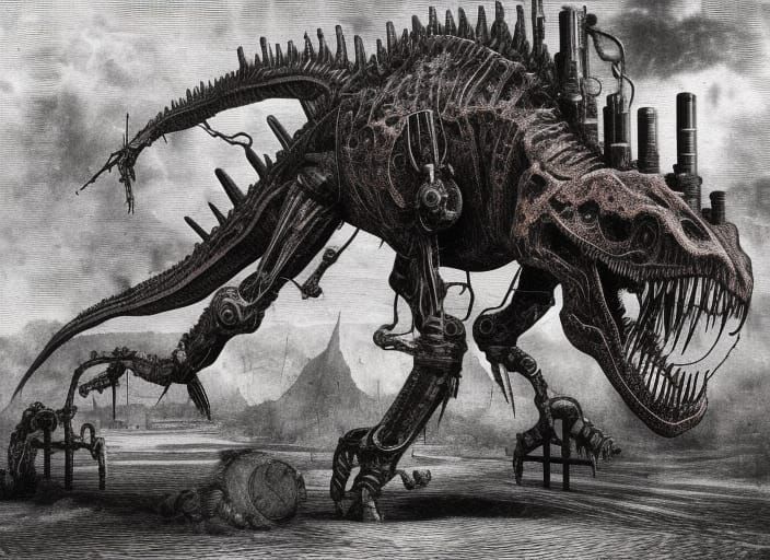 Biotech Cyborg Dinosaur in Dystopian Wasteland