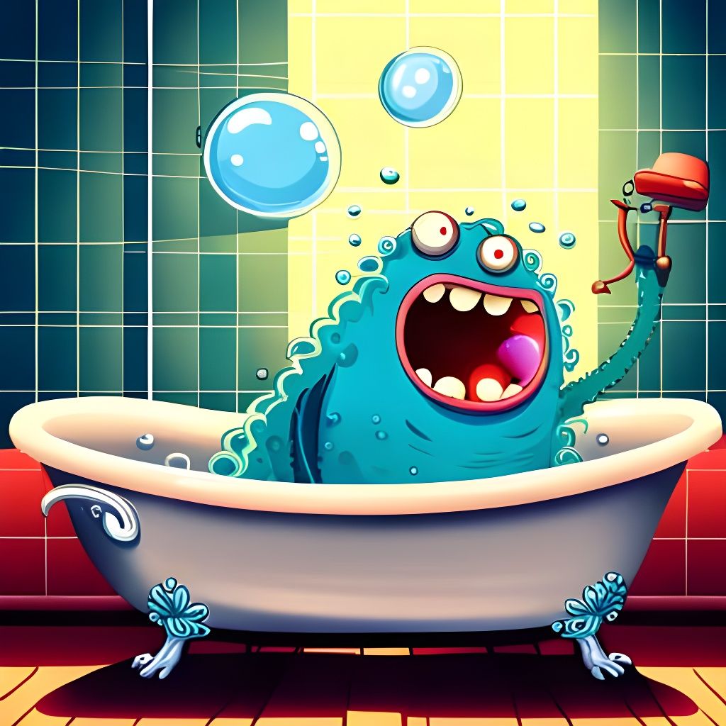 Humorous Soap Bubble Monster in Vintage Bathroom
