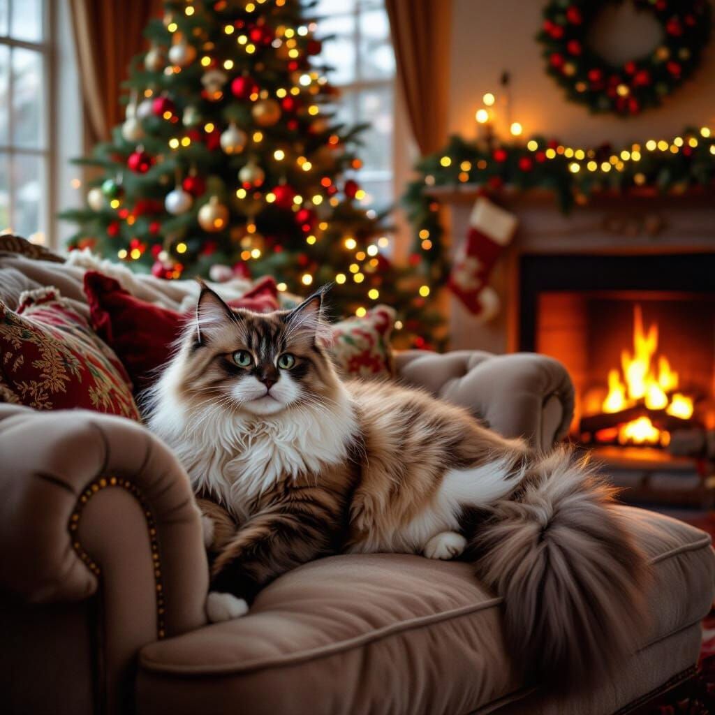 Ragdoll Cat on Sofa in Cozy Christmas Living Room