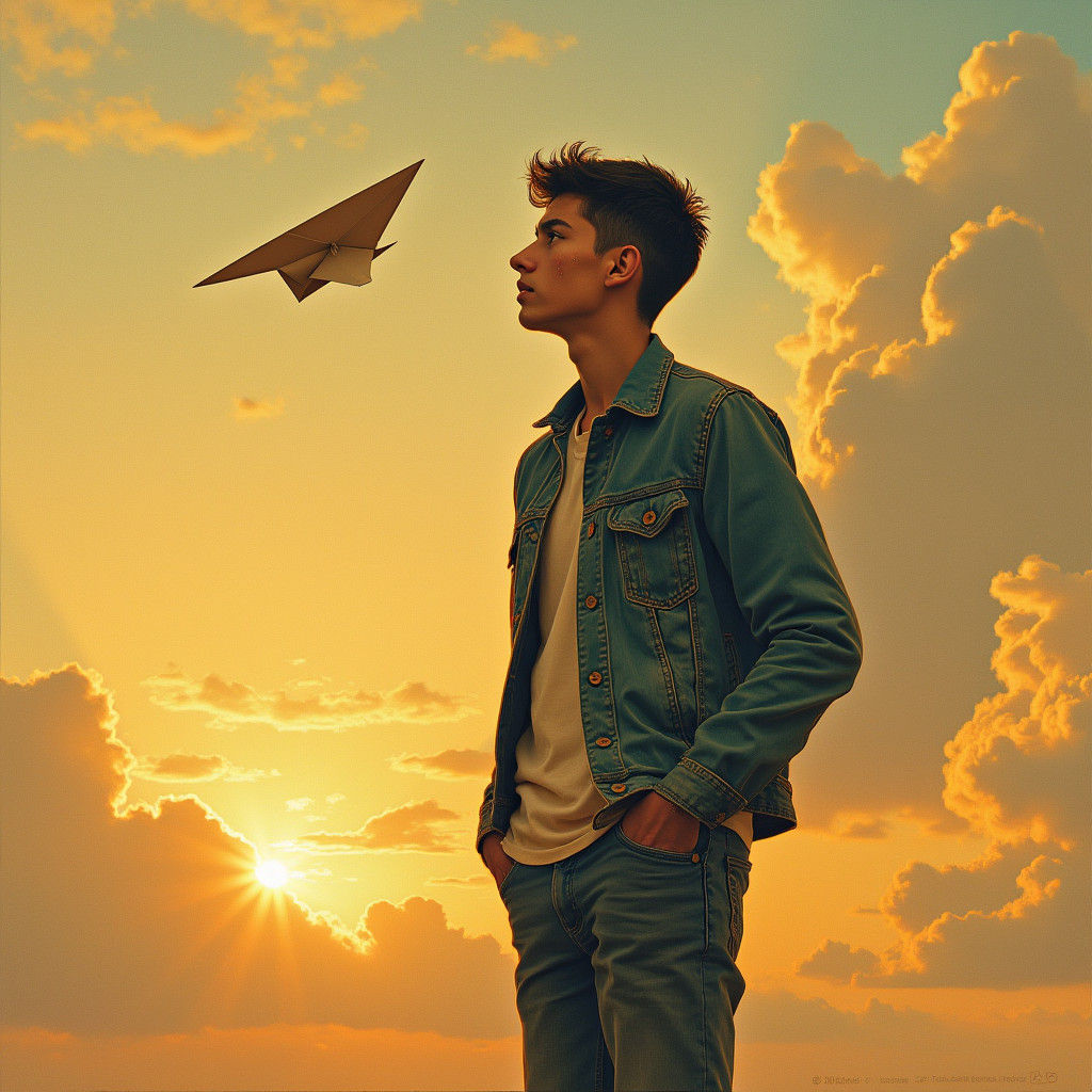 Despairing Man Watches Paper Plane Fly Away