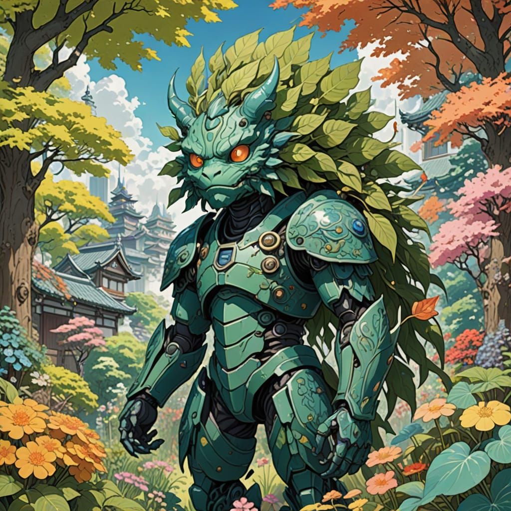 Whimsical Leaf Monster in a Vibrant Anime Garden