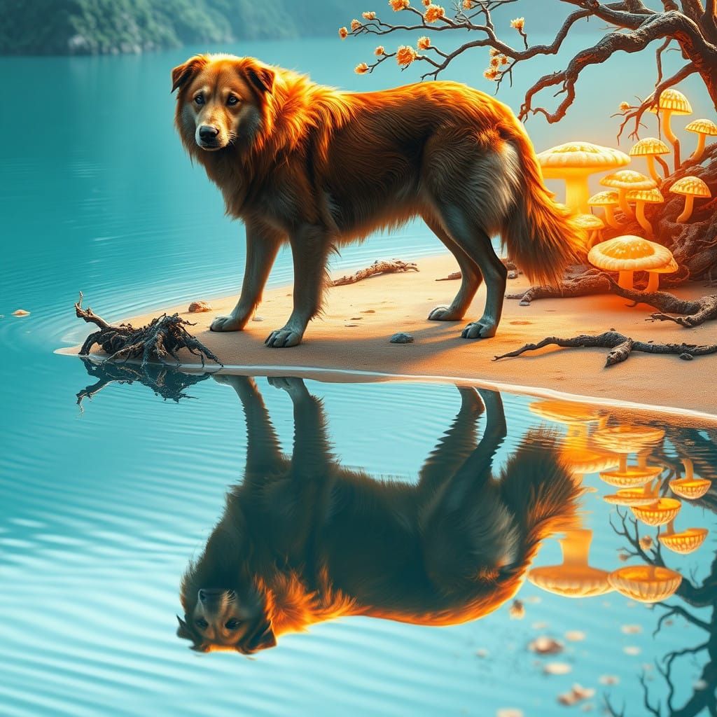 Majestic Dog in Dreamlike Landscape with Turquoise Lake and....