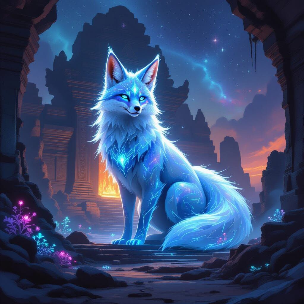 Cosmic Fox Spirit Guards Alien Temple in Epic Fantasy Art