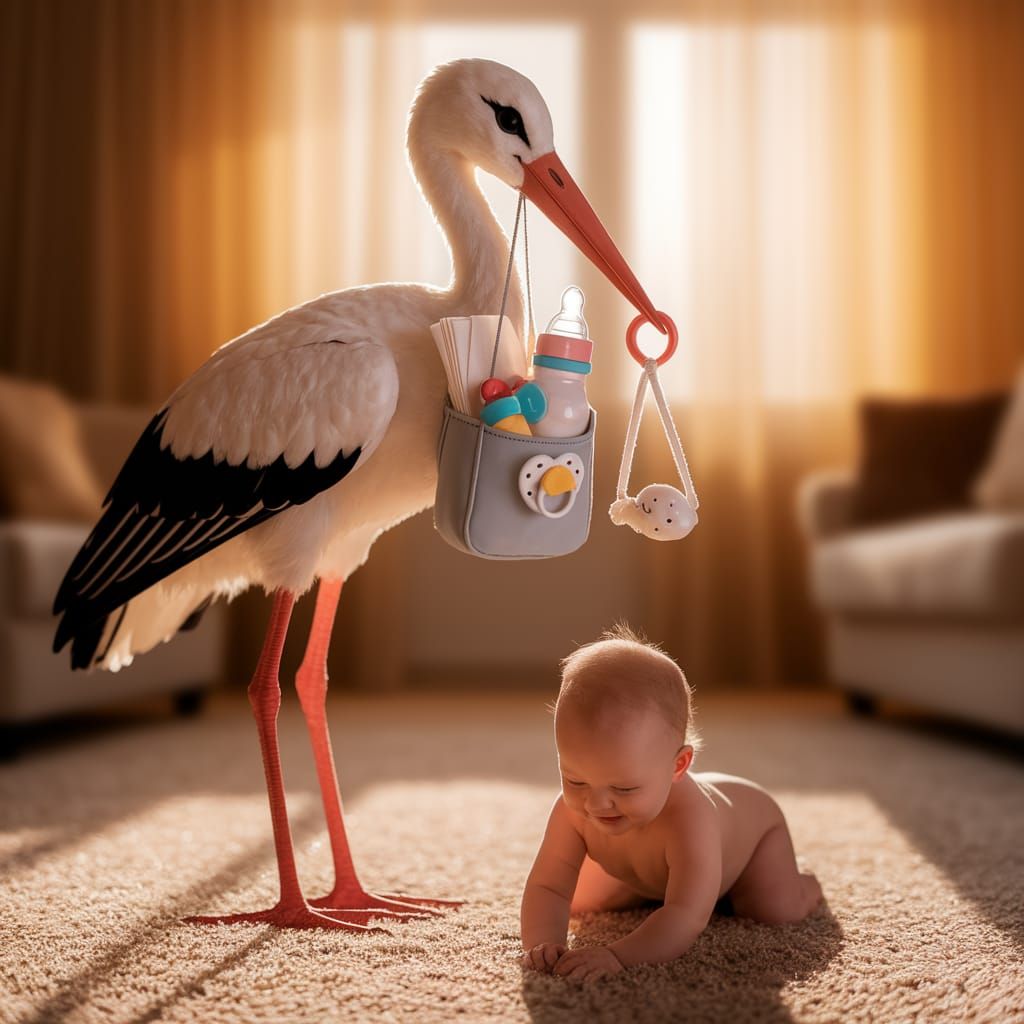 Stork Guardian with Baby Bottle and Rattle, Sunlight
