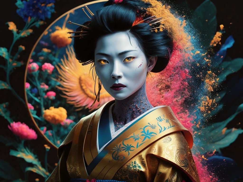 Geisha Warrior Portrait in Hyperrealistic Digital Art Style