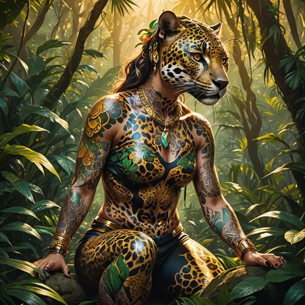 Fantasy Jaguar Goddess in Vibrant Jungle Setting