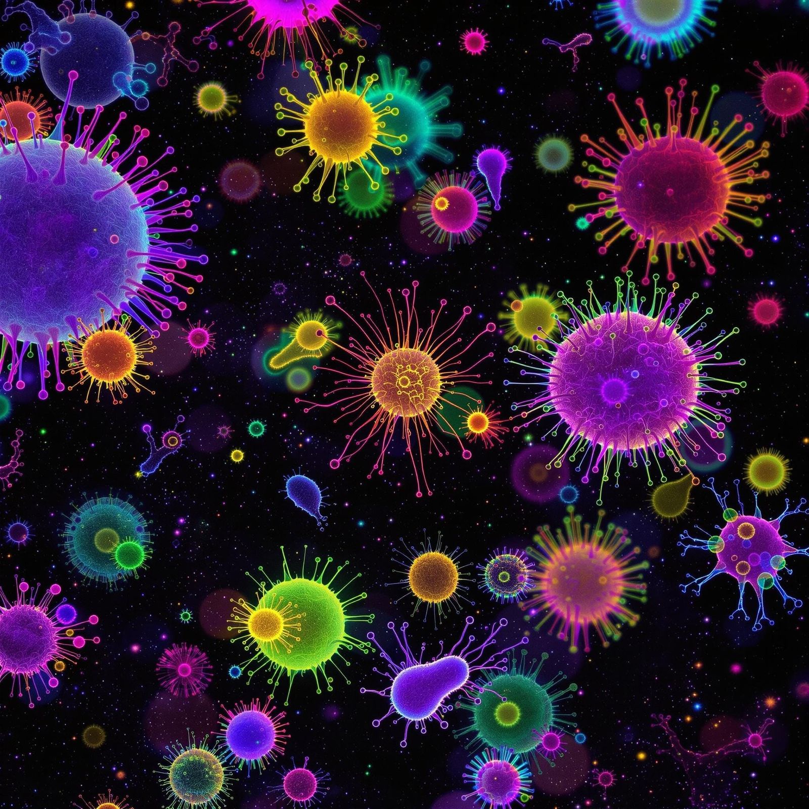 Vibrant Microbial Cosmos in Neon Colors