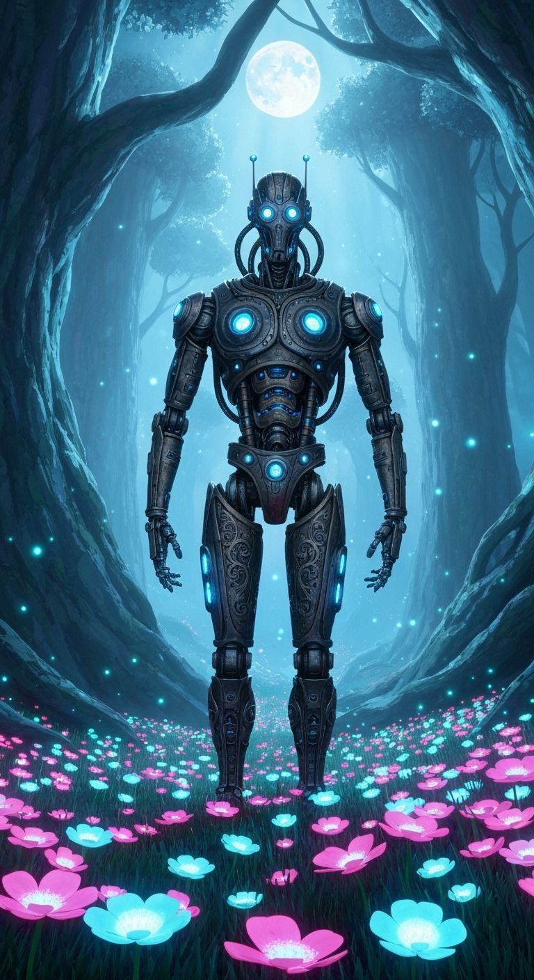 Cyborg Robot in Bioluminescent Forest