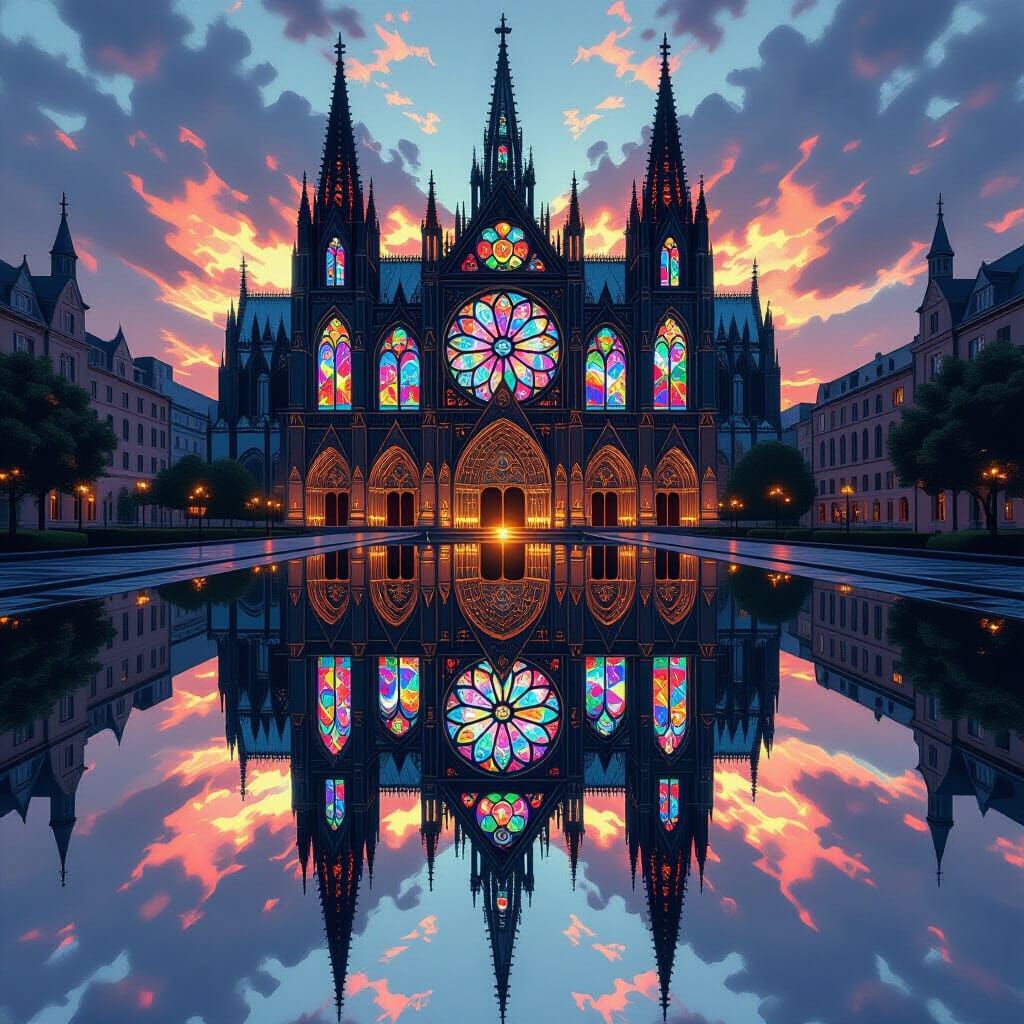Kaleidoscopic Gothic Cathedral in Mirrored Sections