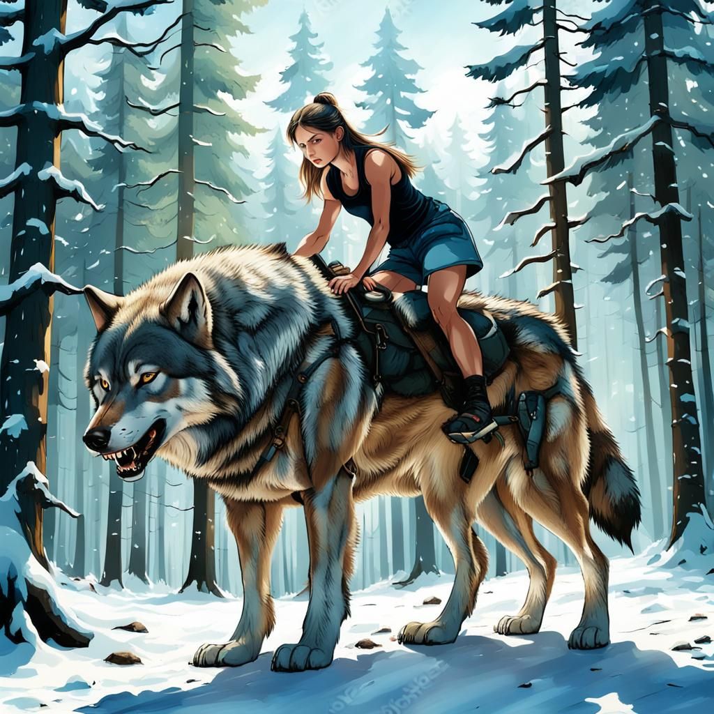 Woman Rides Giant Wolf in Snowy Summer Forest