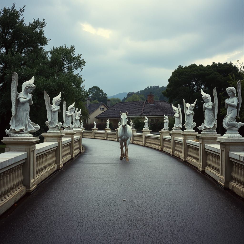 Majestic White Horse Under Rainy At Dusk