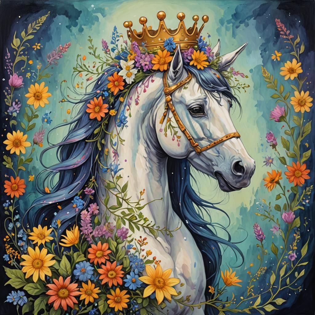 Floral Crowned Horse Creature in Fantasy Style