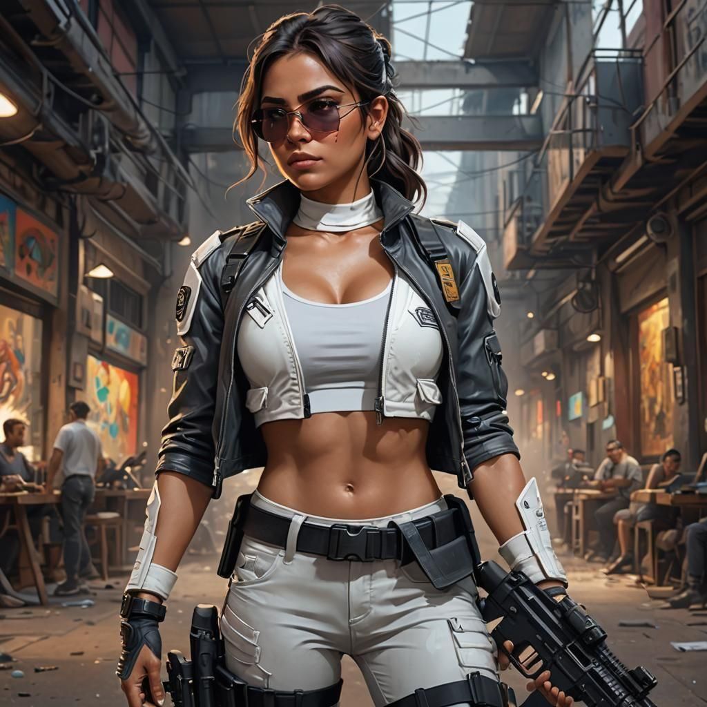 Stunning Mexican Woman with Assault Rifle in Anime Style