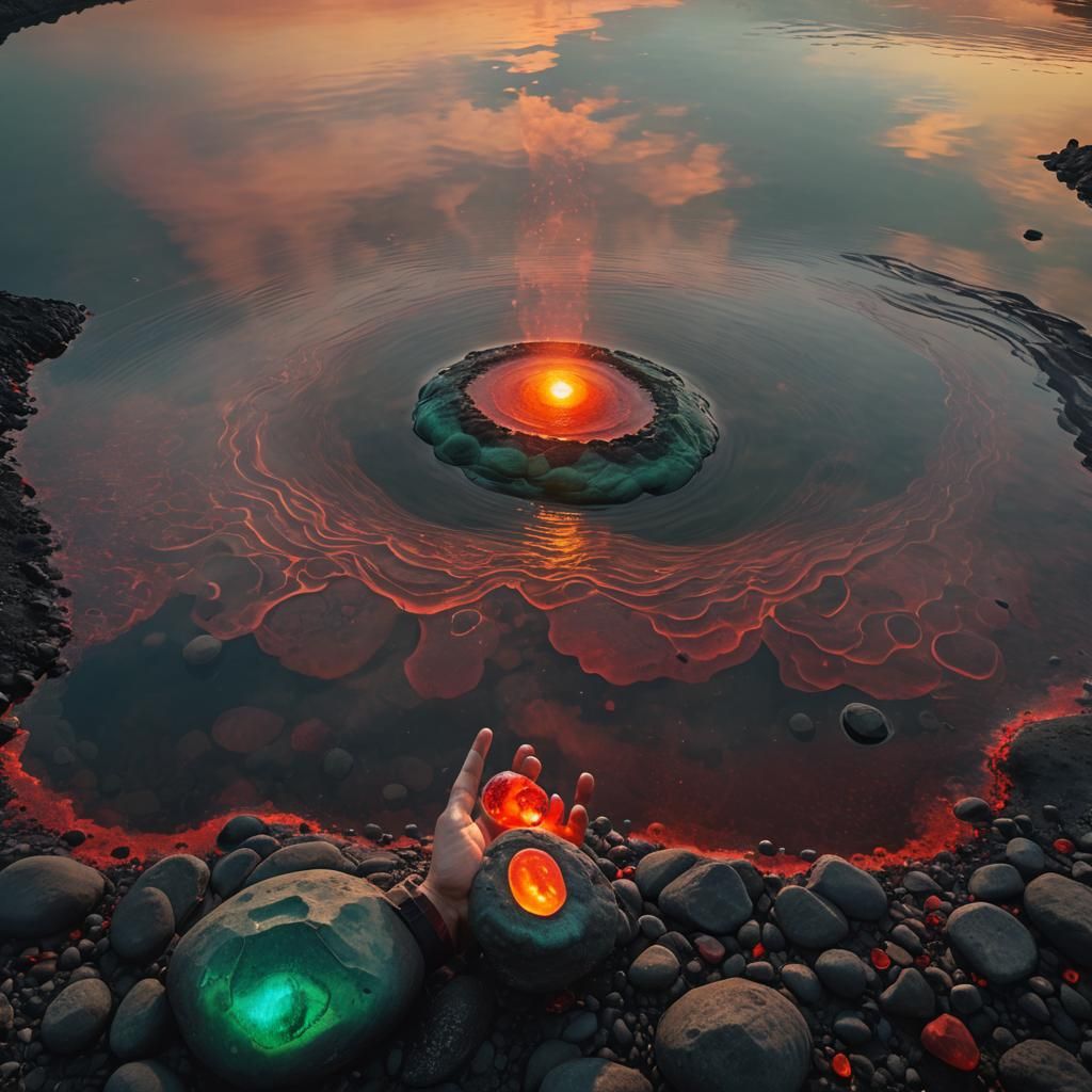 Mystical Pebble at Volcanic Lake: Surreal Fantasy Art